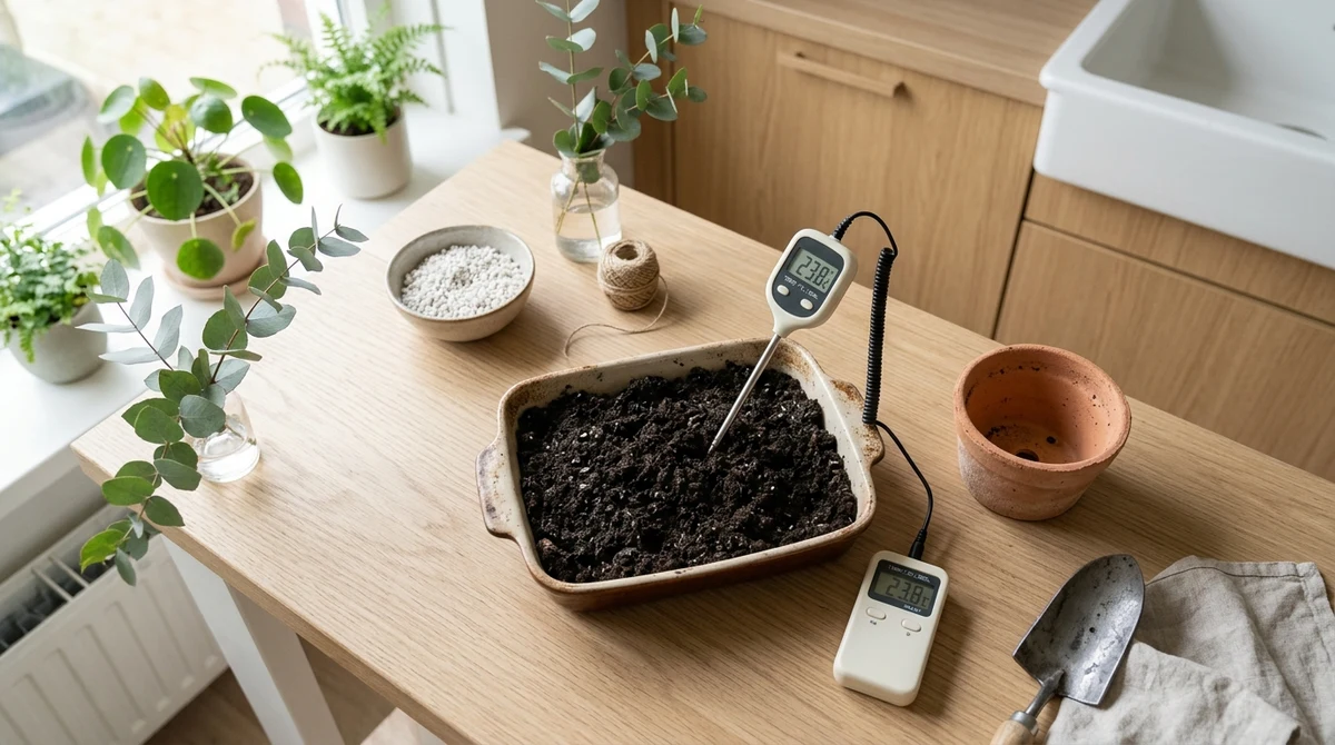 Aluminium ovenschaal met vochtige potgrond op een aanrecht, naast een nieuwe zak commerciële potgrond