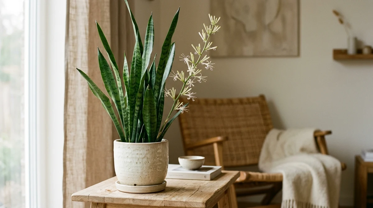Bloeiende Sansevieria trifasciata met een lange bloeistengel vol smalle witte bloemkronen en zichtbare nectar-druppels in de avondzon