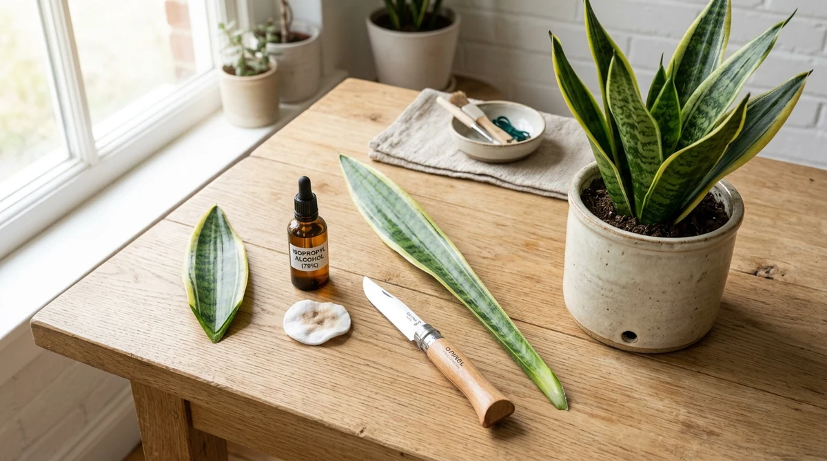 Sansevieria met te hoge bladeren naast een schoon mes, een hand snijdt een blad weg bij de basis vlak boven de rhizome