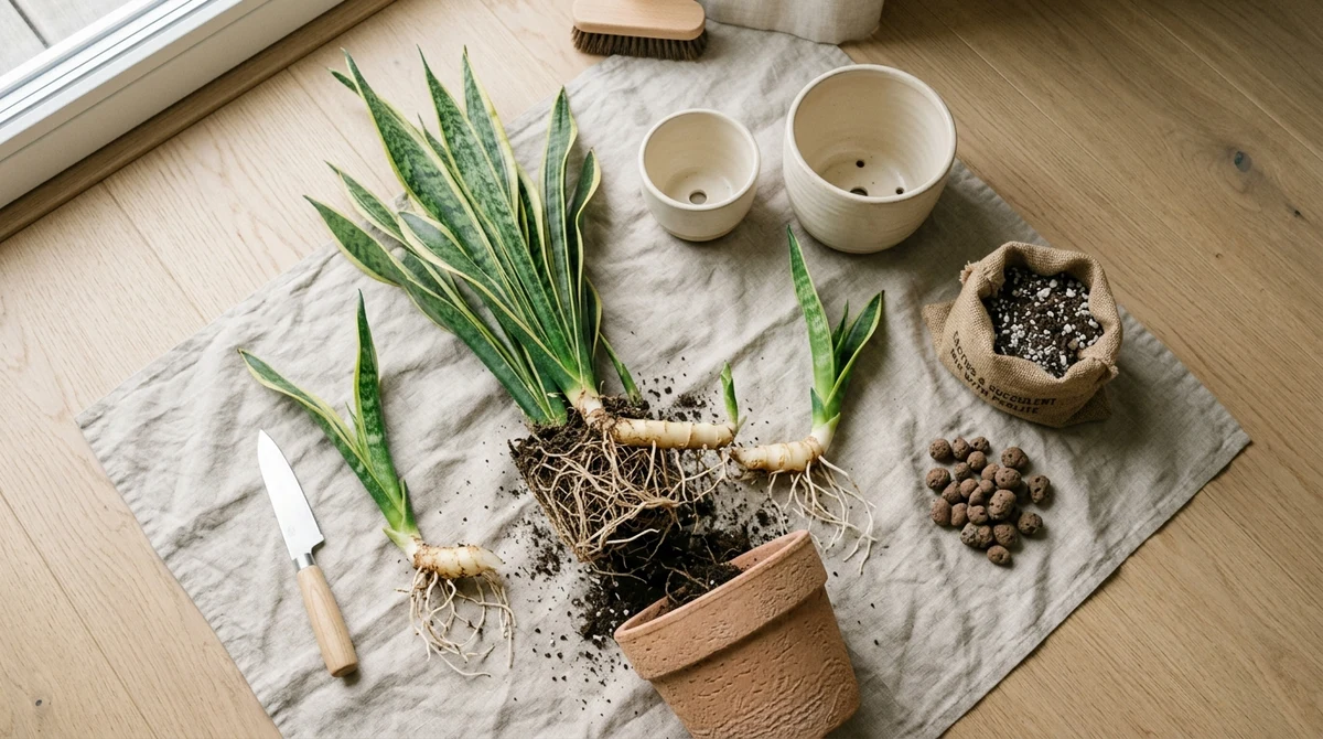 Sansevieria uit de pot gehaald op een werkblad, met zichtbare witte horizontale rhizome en meerdere bladrozetten die als uitlopers naast de moederplant staan