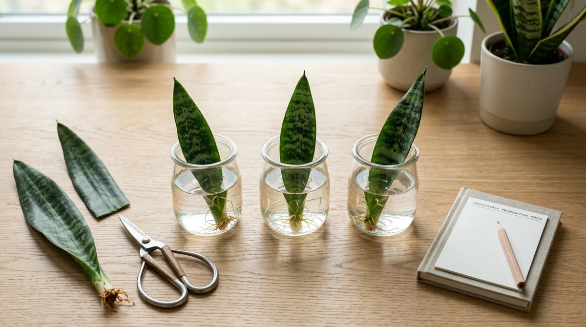Sansevieria-bladstukken in glazen met water op een vensterbank, naast een gesplitste moederplant met zichtbare witte rhizome en meerdere bladrozetten