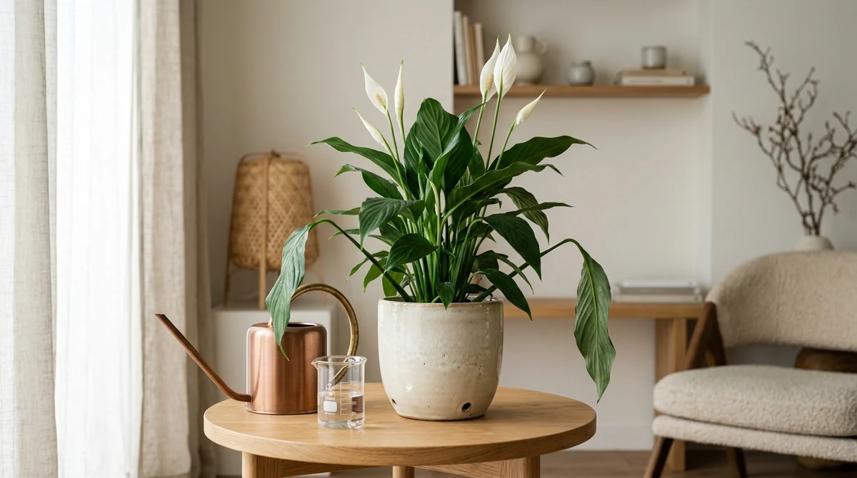Spathiphyllum met slap hangende bladeren over de rand van een witte pot, naast een gieter en een glas regenwater op een houten werkblad