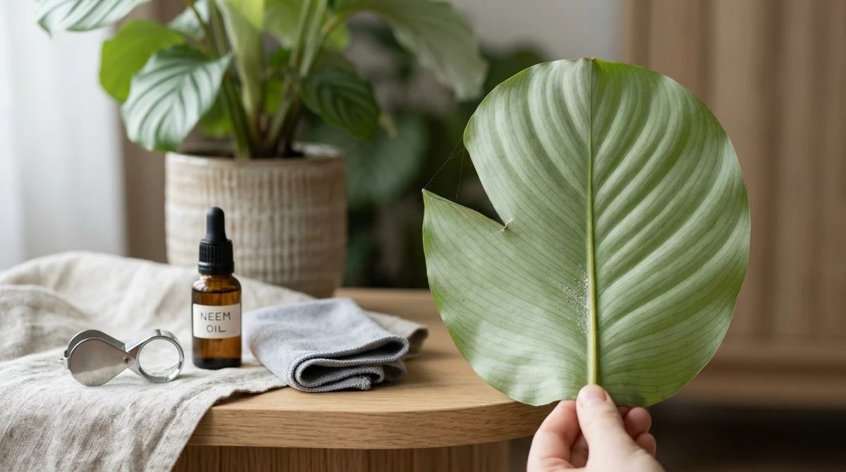 Onderkant van een Calathea-blad met fijn spinrag in de bladoksels en zilverige spikkels door spintmijten, naast een plantenspuit en een flesje neemolie