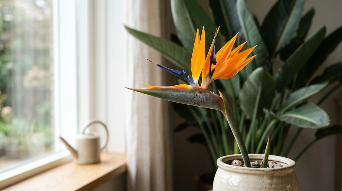 Strelitzia reginae in volle bloei met oranje sepalen en blauwe bloembladen, gefotografeerd voor een raam met helder daglicht