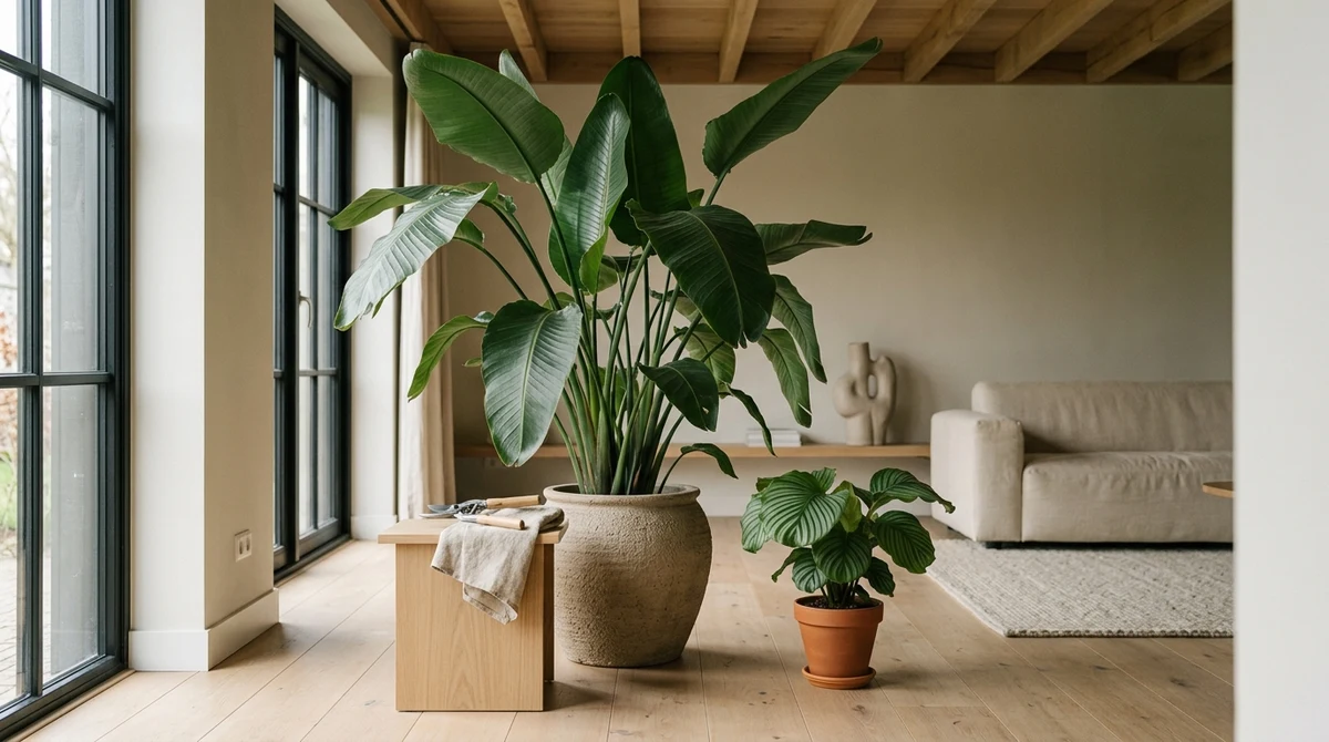 Grote Strelitzia nicolai in een woonkamer met bladeren die tegen het plafond komen, naast een meetlat die de hoogte aangeeft