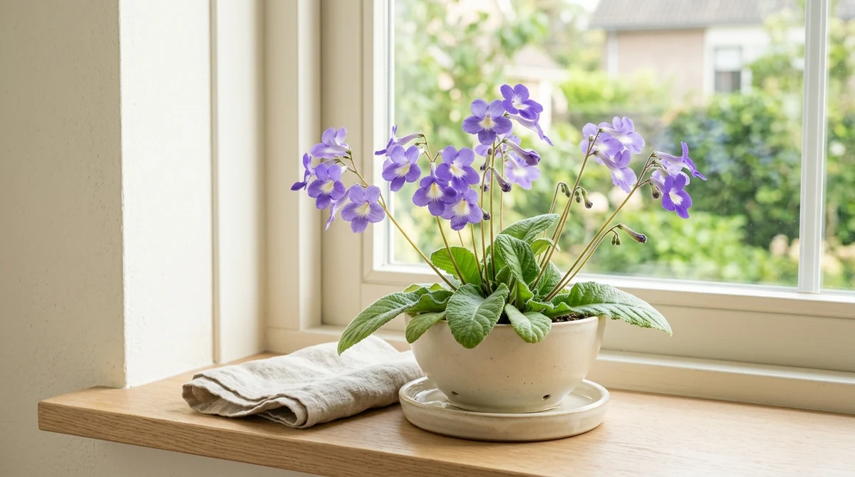 Bloeiende Streptocarpus met meerdere paarse trompetbloemen op slanke stelen boven een groene rozet op een lichte vensterbank