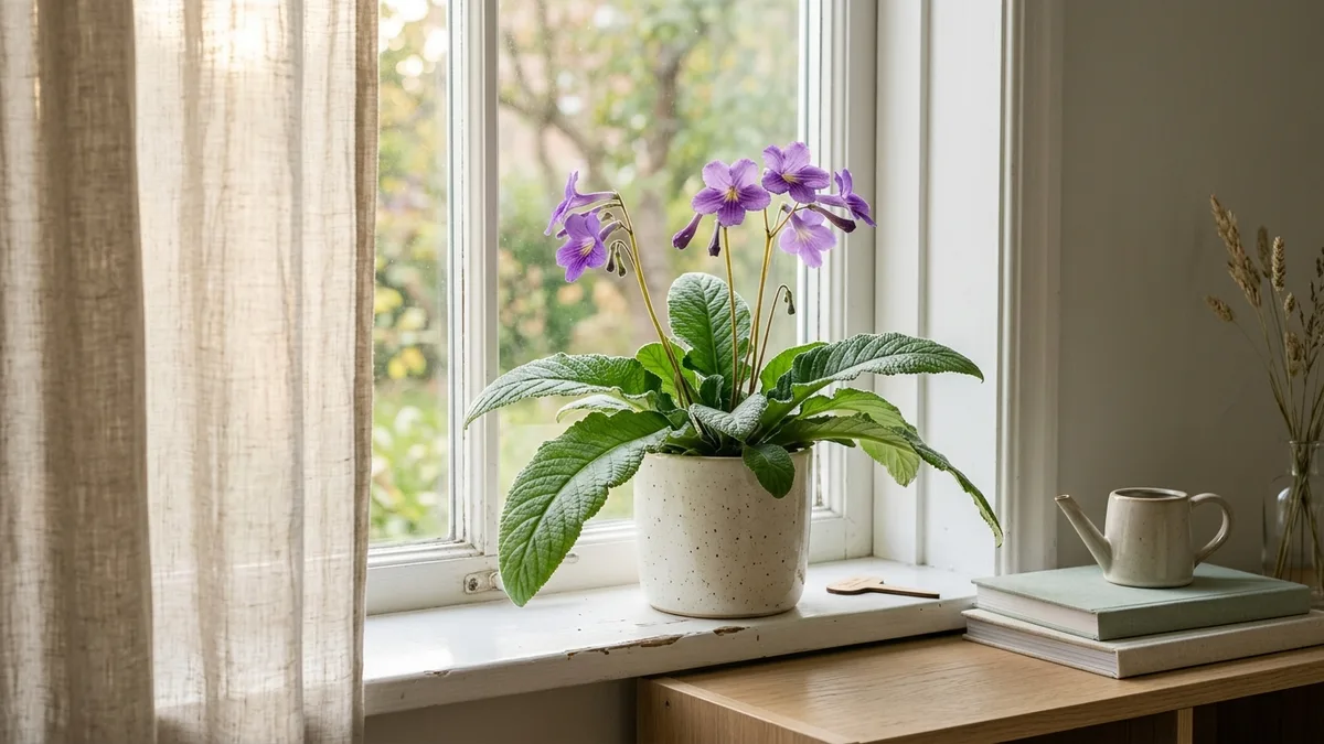 Streptocarpus op een lichte oost-vensterbank in ochtendlicht, met de plant op ongeveer 30 cm van het glas en de bloemen naar het licht gericht