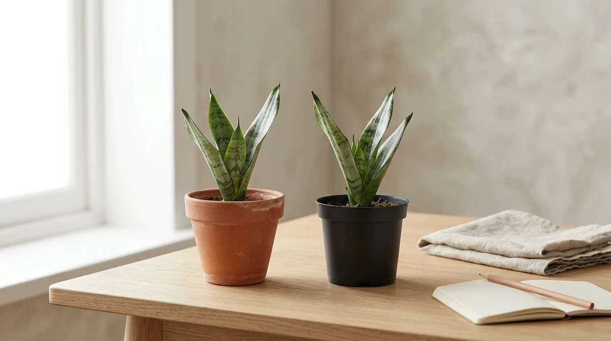Terracotta pot en plastic kweekpot naast elkaar met een kamerplant ertussen, op een houten tafel met daglicht