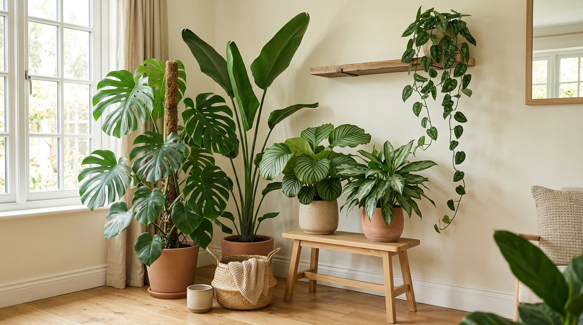 Woonkamerhoek met een grote Monstera en Strelitzia achterin, Calathea en Aglaonema ervoor en hangende Epipremnum op een kast