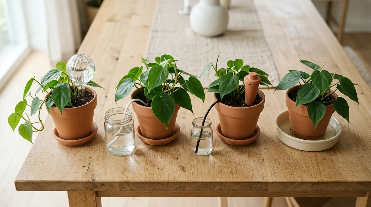 Vier vakantie-watersystemen naast elkaar op kamerplanten: plantenbollen, wick-koorden, Blumat-kegels en bottom-watering