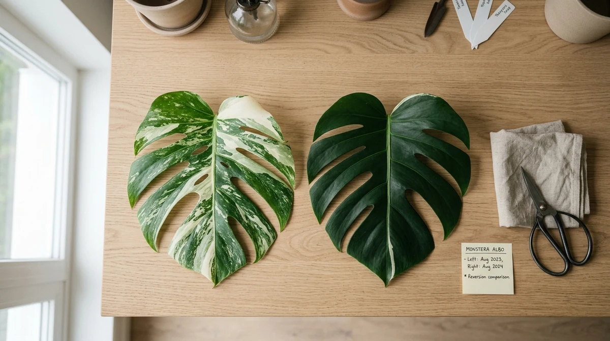 Monstera Albo met een mix van wit-groen gevariëgeerd blad en een volledig groene nieuwe scheut die zichtbaar terugslaat naar groen