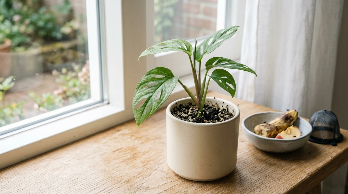 Vergelijking van drie soorten vliegjes bij kamerplanten: rouwvlieg op potgrond, fruitvlieg rond fruit en trips op een blad