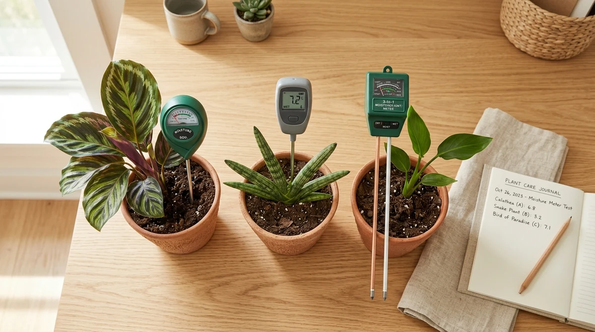 Analoge vochtmeter met metalen sonde in een pot kamerplant, naast een digitale 3-in-1 meter op een houten tafel