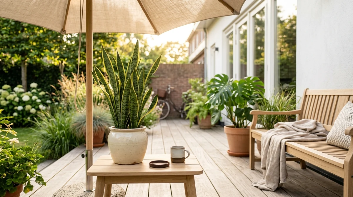 Sansevieria trifasciata in een terracotta pot op een beschut zomerterras, met ochtendzon op het blad