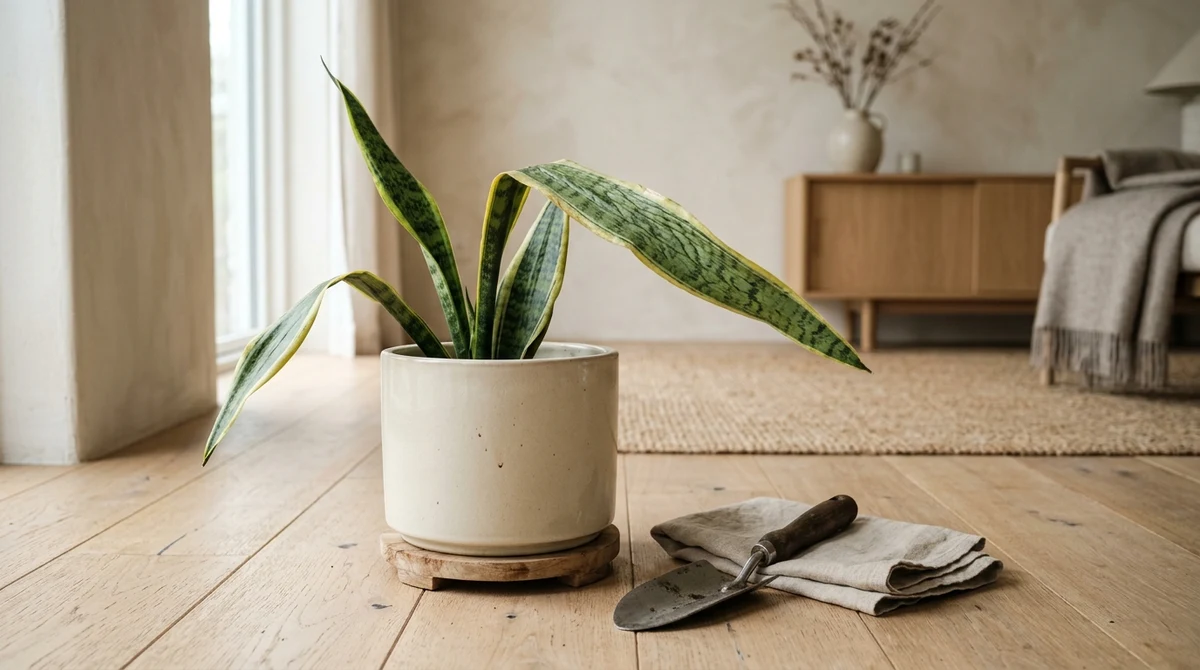 Sansevieria trifasciata met enkele slap omgevallen bladeren naast rechtopstaande rozet, in terracotta pot op een houten ondergrond
