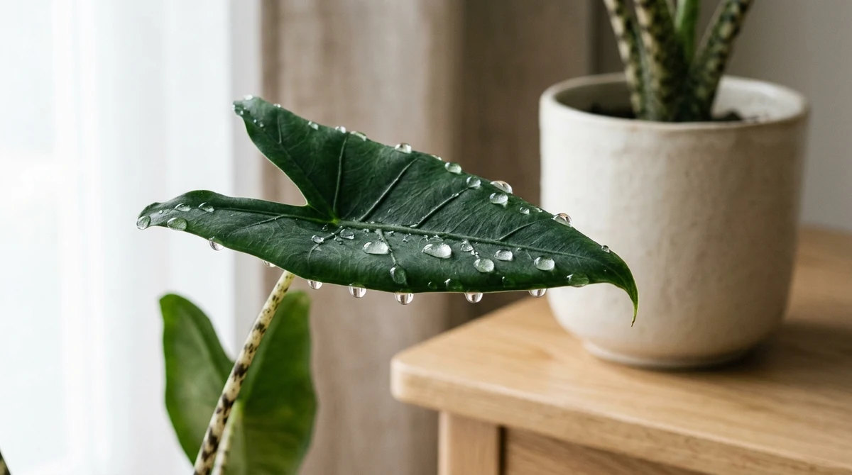 Alocasia-blad met heldere waterdruppels aan de bladpunt, ochtendlicht door het raam