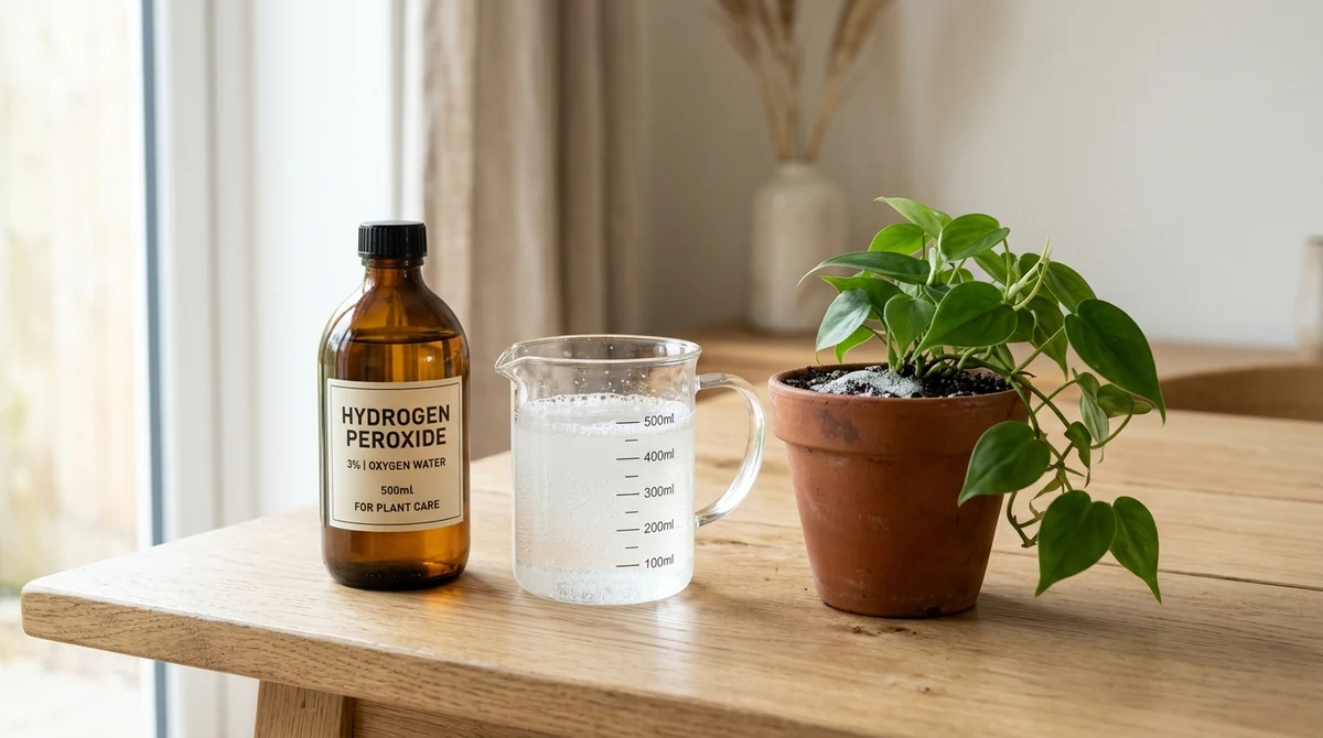 Flesje 3% waterstofperoxide naast een kamerplant in pot, met een gietkan op de achtergrond