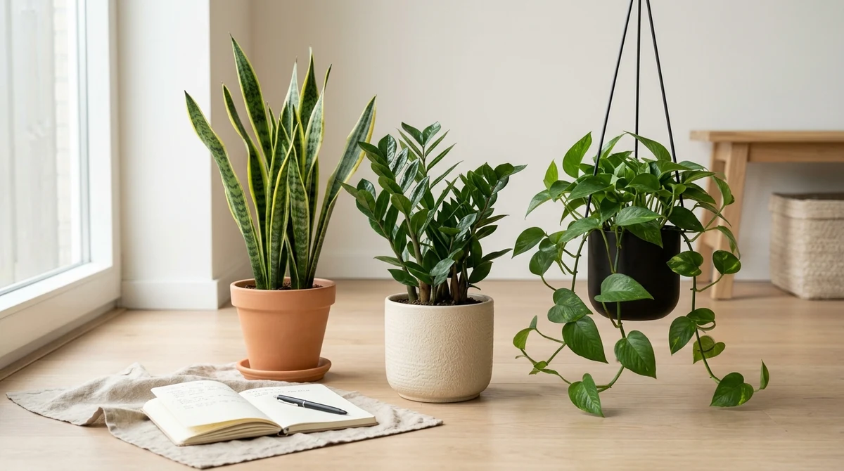 Drie beginnersplanten naast elkaar: een Sansevieria, een Zamioculcas en een Pothos op een lichte vensterbank