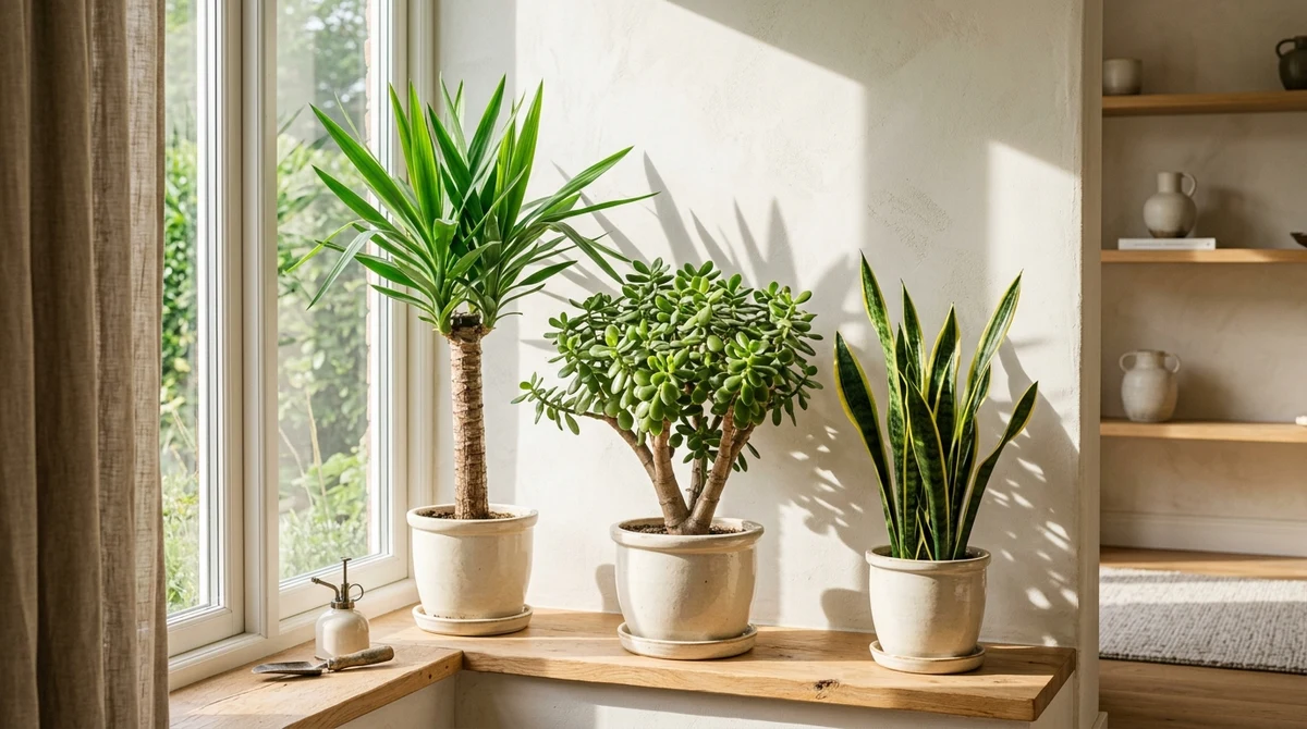 Yucca, Sansevieria en Crassula in cremekleurige potten op een zonnige vensterbank met heldere middagzon in een Japandi-woonkamer