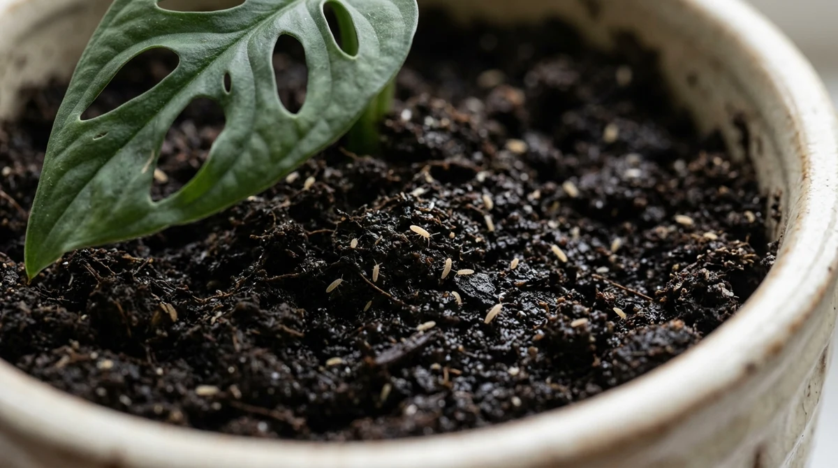Close-up van witte springstaarten op het oppervlak van vochtige potgrond, een paar millimeter groot