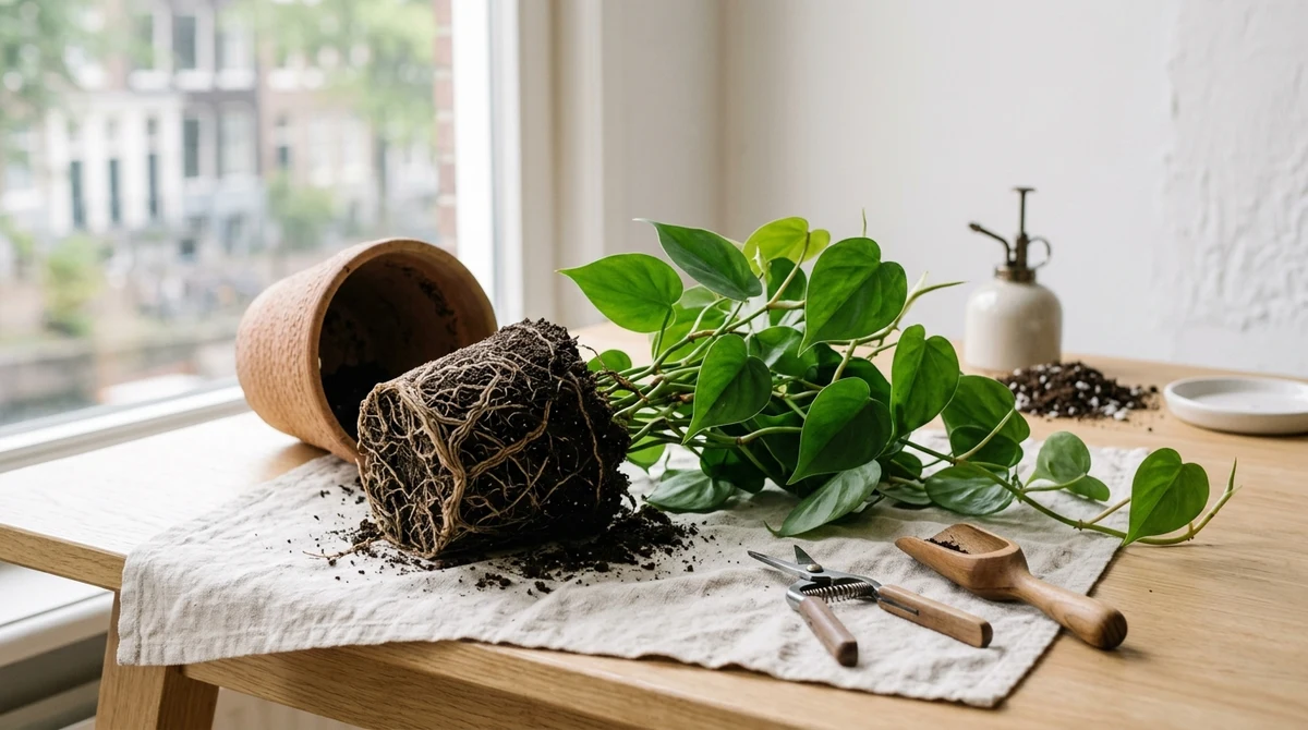 Doorsnede van een gezonde kamerplant met wortelkluit en bovengrondse bladermassa in evenwicht, langs een lichte binnenmuur