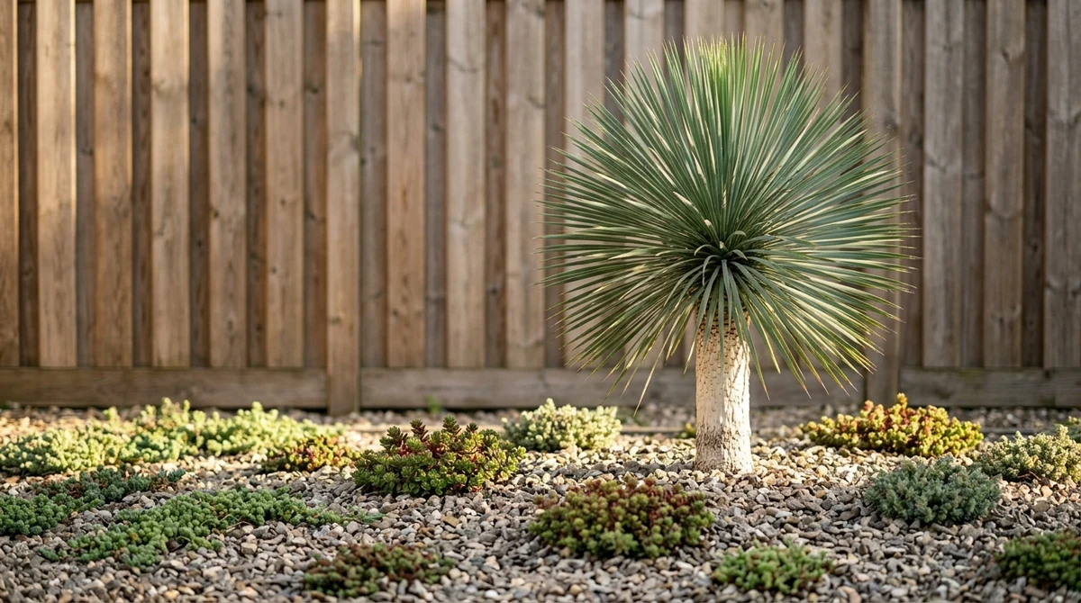 Yucca rostrata met blauwgroene bladbol op een dikke stam, geplant in een zonnige, droge Nederlandse tuinborder