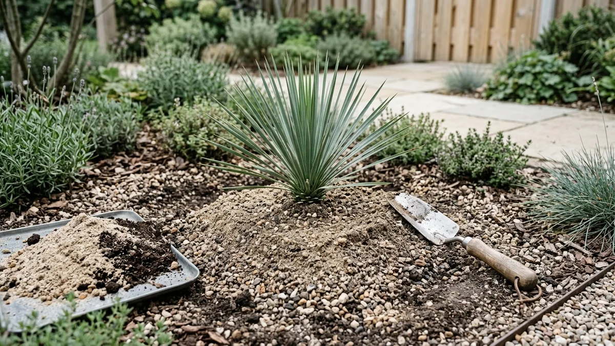 Yucca rostrata net geplant in een verhoogd plateau met doorlatende zandgrond in een zonnige tuinborder
