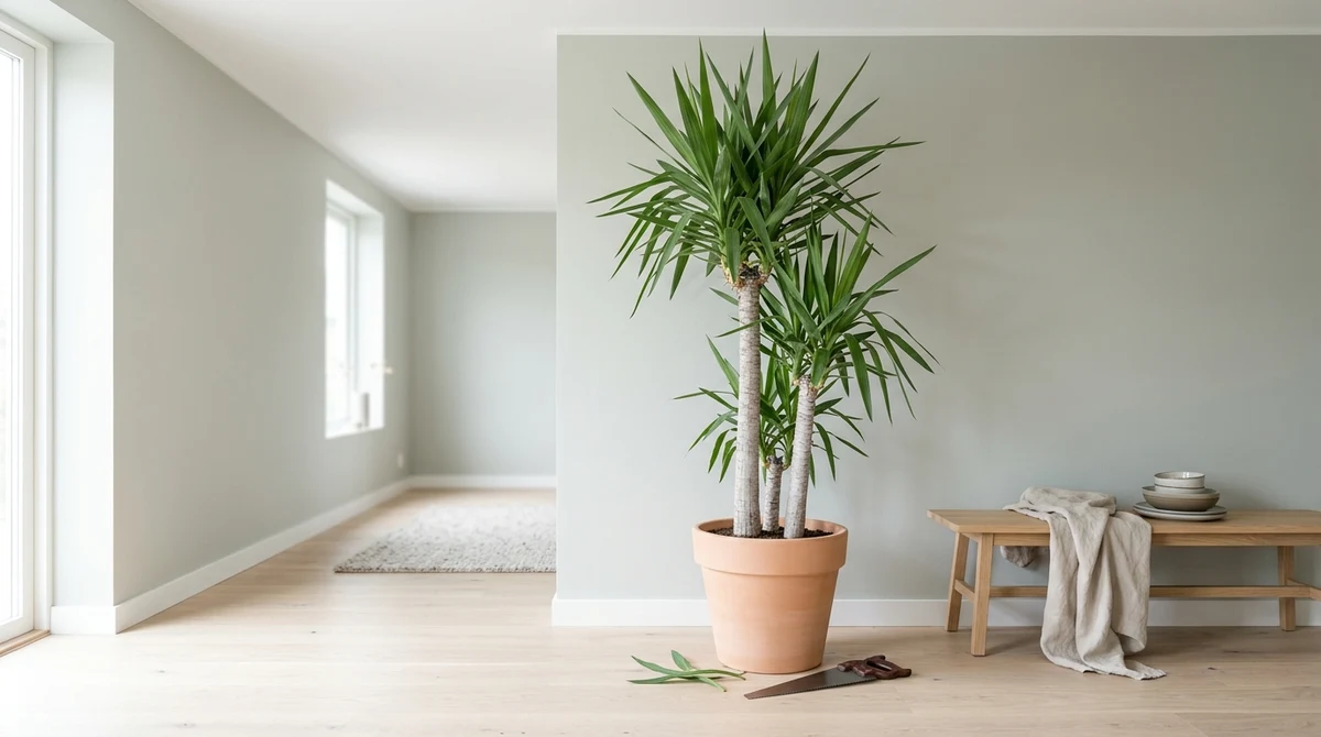 Te grote Yucca elephantipes met de bladkroon tegen het plafond, met een zaag op de vloer ernaast
