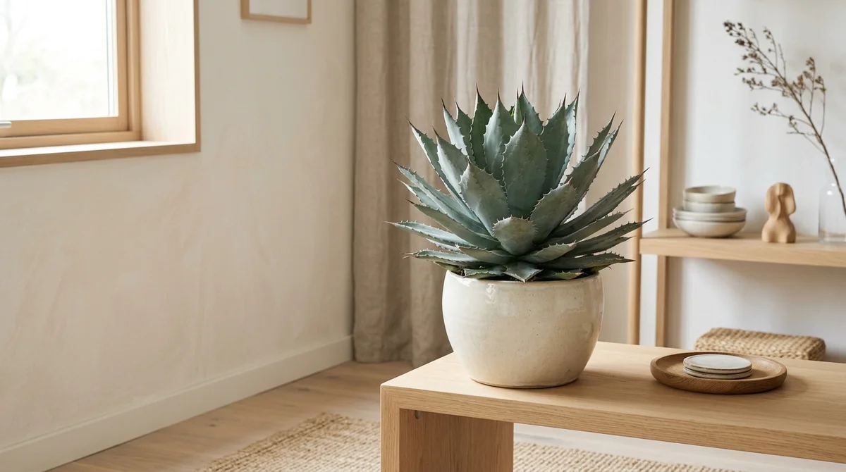 Agave americana met een grijsblauwe bladrozet en scherpe stekelpunten, op een plek buiten bereik van een kat