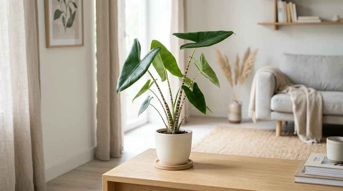 Alocasia zebrina kamerplant met grote pijlvormige bladeren