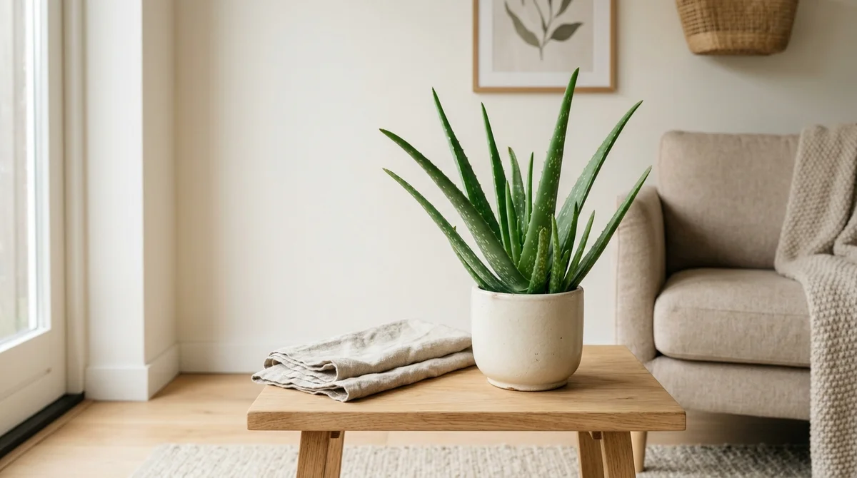 Aloë vera met dikke vlezige bladeren en getande randen in een terracotta pot op een lichte vensterbank.