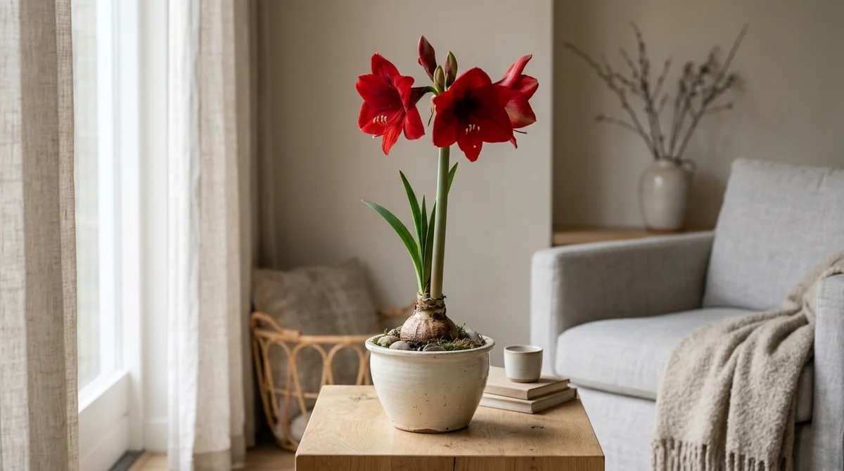 Rode amaryllis (Hippeastrum) in bloei in een huiskamer rond de kerstperiode