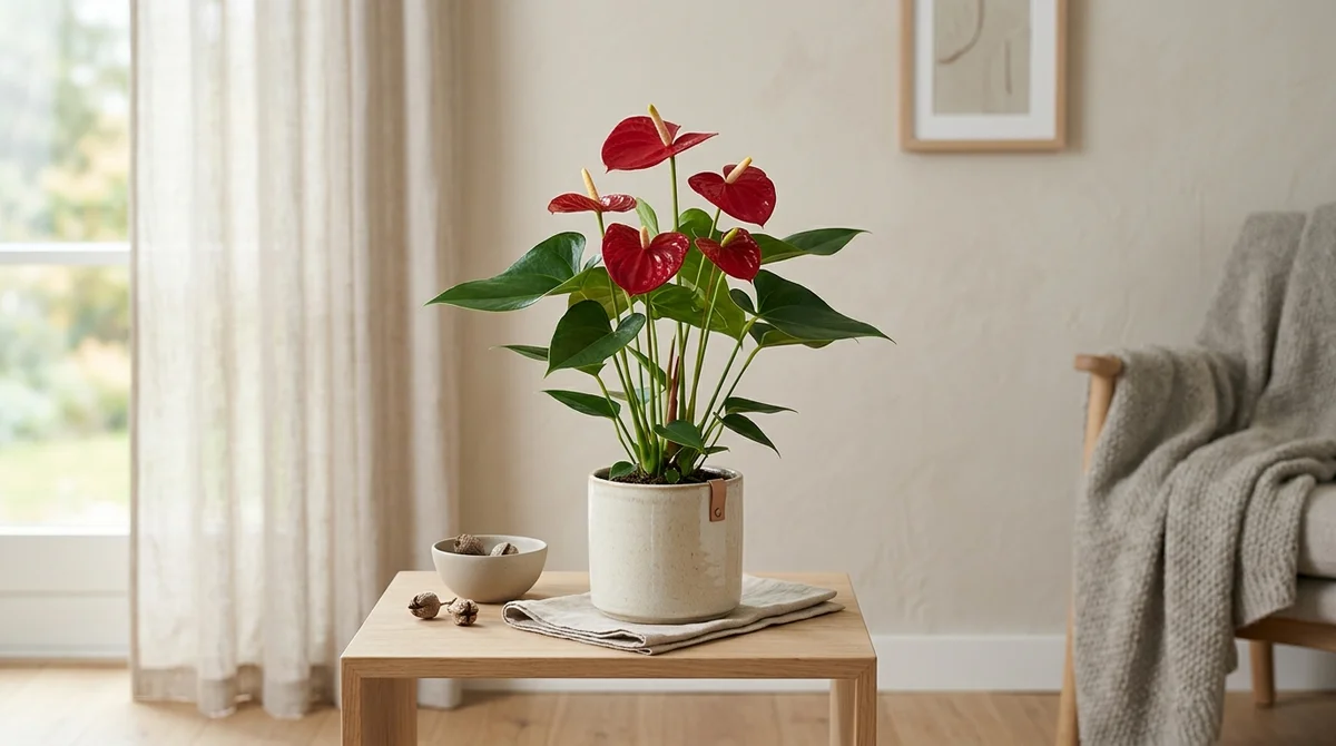 Anthurium andraeanum met glanzende rode schutbladen en geel kolfje in een cremekleurige pot op een lichte houten tafel