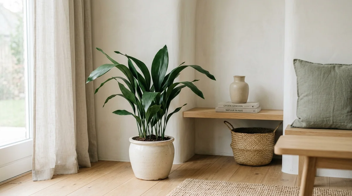 Aspidistra elatior (kwartjesplant) met lange donkergroene leerachtige zwaardbladen in een cremekleurige pot op een lichte houten vloer