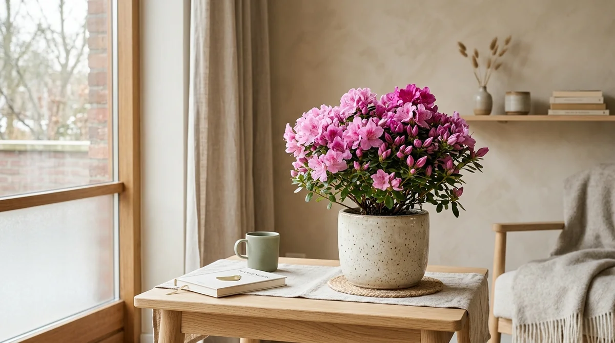 Bloeiende roze potazalea (Rhododendron simsii) in een cremekleurige pot op een lichte houten tafel
