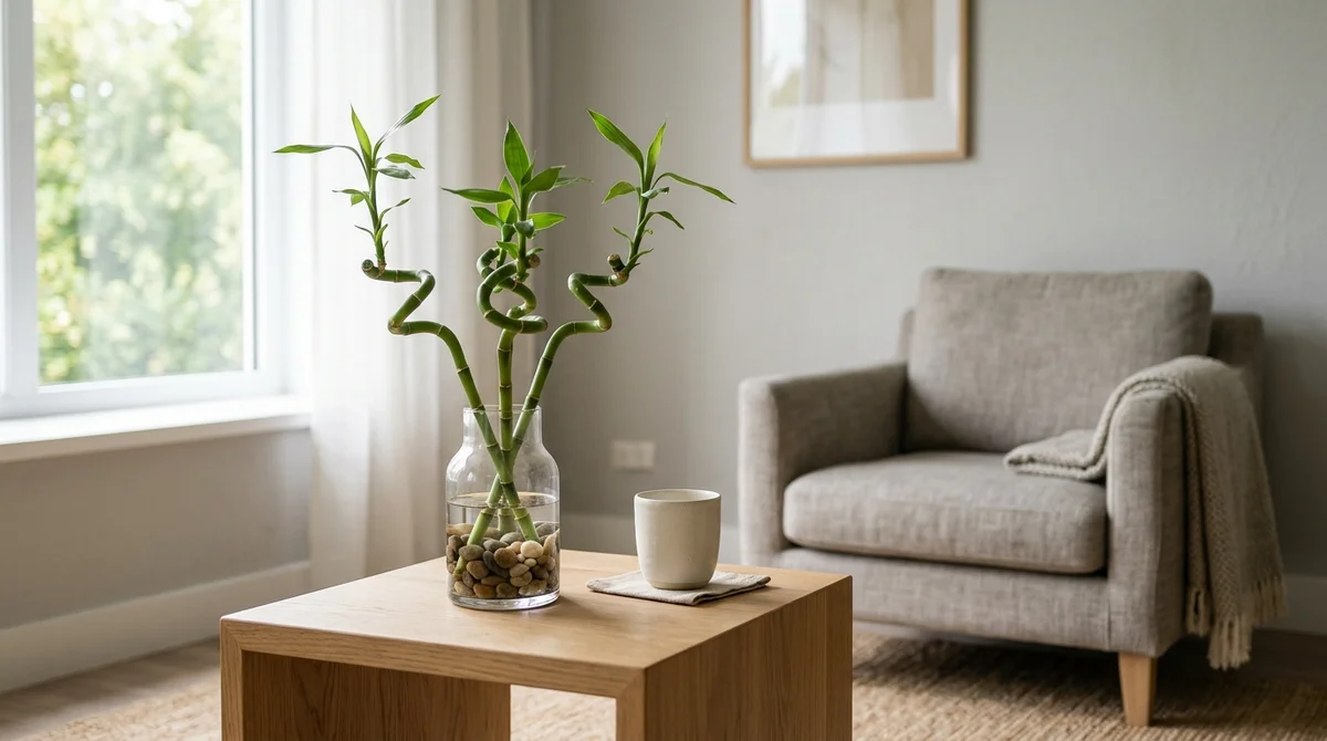 Echte bamboe (Phyllostachys) met fijne groene stengels in een lichte woonkamer, een kat rustig op de bank ernaast