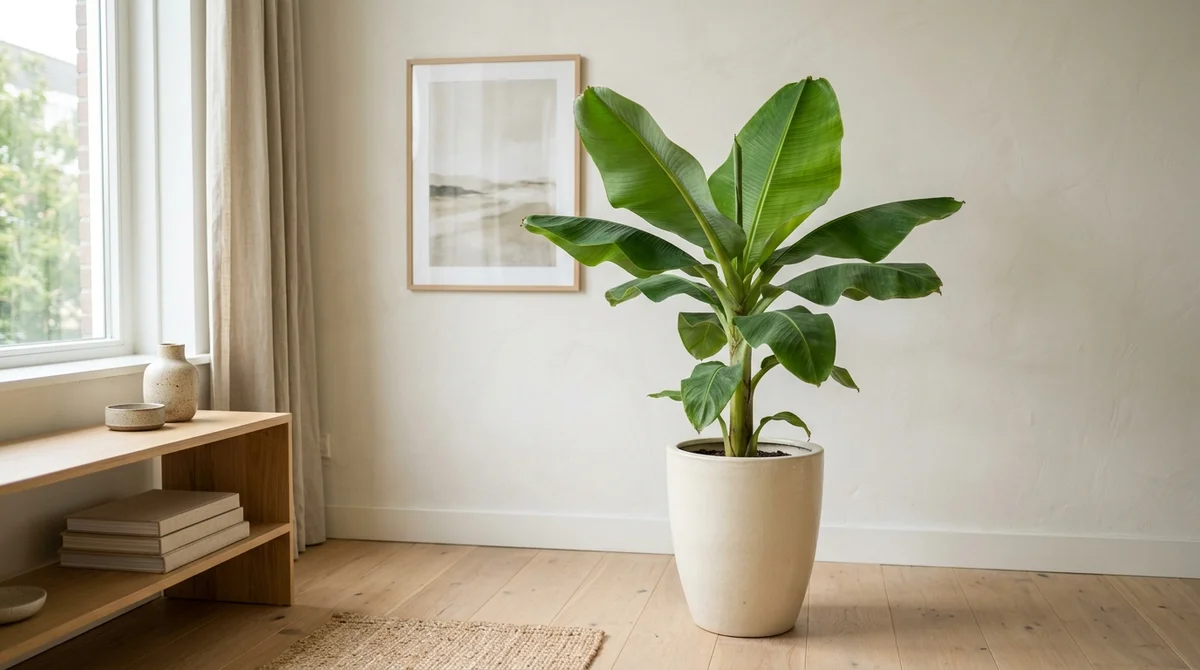 Musa (bananenplant) met grote glanzende bladeren in een lichte woonkamer, op de grond naast een rustige kat
