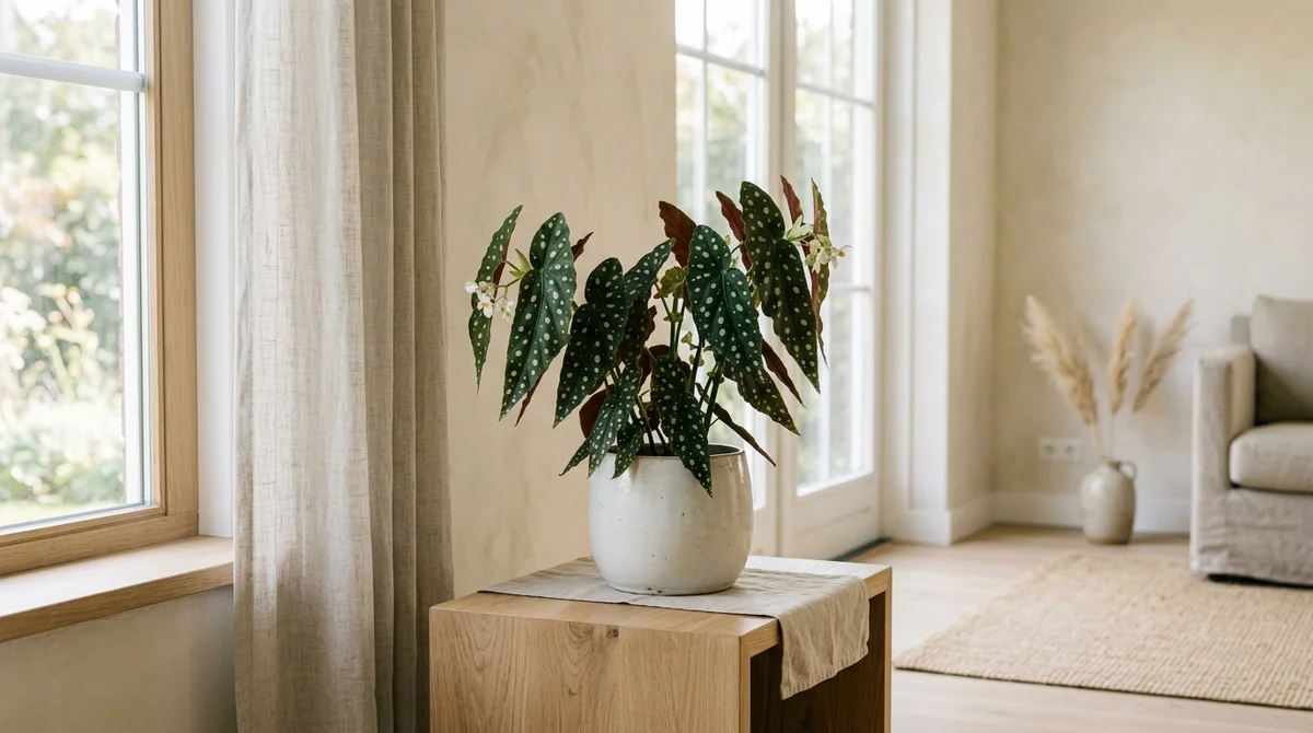 Begonia maculata met witte stippen op donkergroen blad in een lichte woonkamer, op afstand van huisdieren