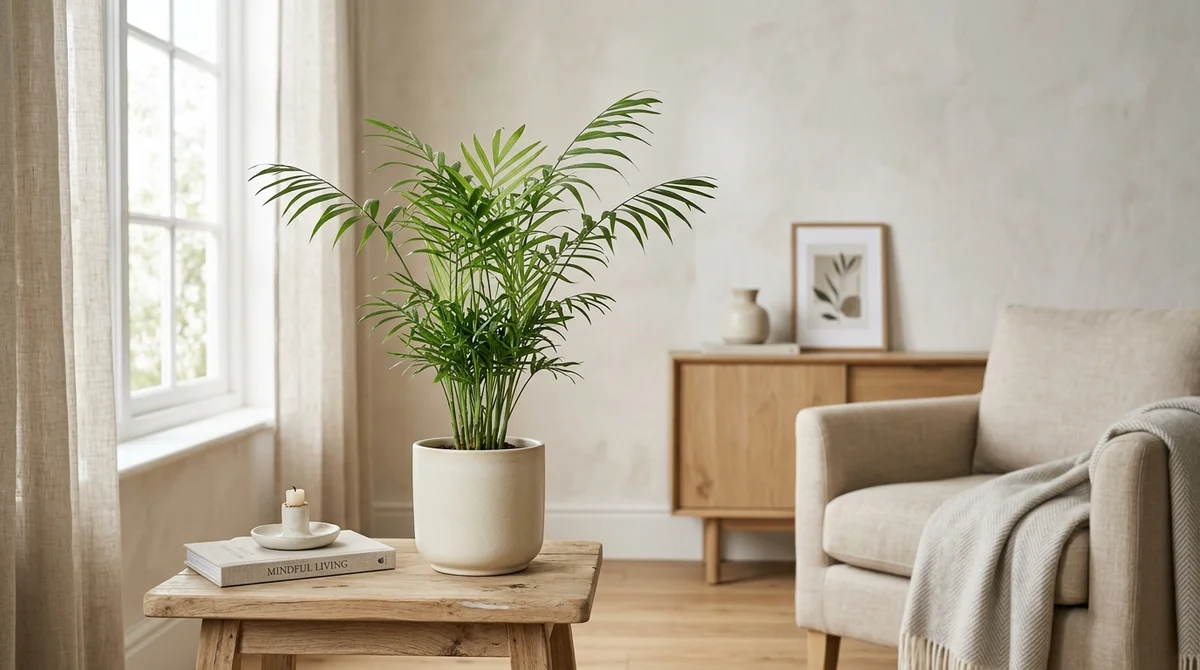 Bergpalm (Chamaedorea elegans) met dunne stengels en veervormige groene bladeren in een cremekleurige pot op een lichte houten tafel