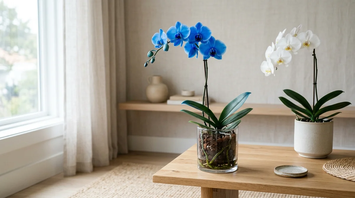 Blauwe Phalaenopsis-orchidee met geïnjecteerde kleurstof op een vensterbank