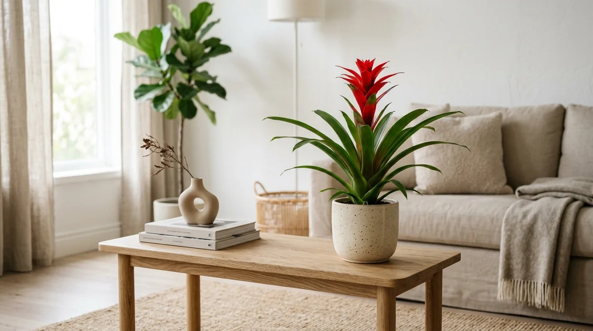 Bromelia (Guzmania) met felrode bloempluim en spitse groene bladrozet op een houten tafel, met een rustige kat op de achtergrond