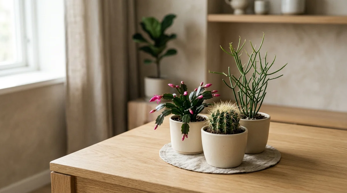 Een kleine Echinocactus op een lichte vensterbank, op afstand van een nieuwsgierige kat