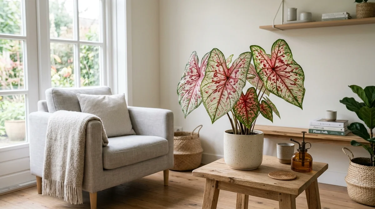 Caladium bicolor met papierdunne hartvormige bladeren in wit, roze en rood in een cremekleurige pot