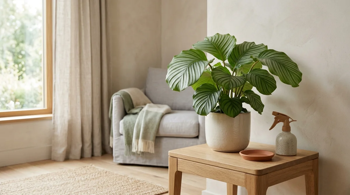 Goeppertia (Calathea) Orbifolia met grote ronde gestreepte bladeren op een rustige Japandi-tafel