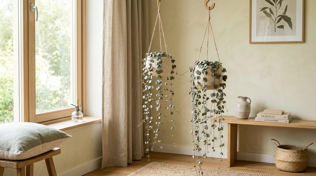 Ceropegia woodii (string of hearts) met lange slingers van zilvergemarmerde hartvormige blaadjes hangend uit een cremekleurige pot