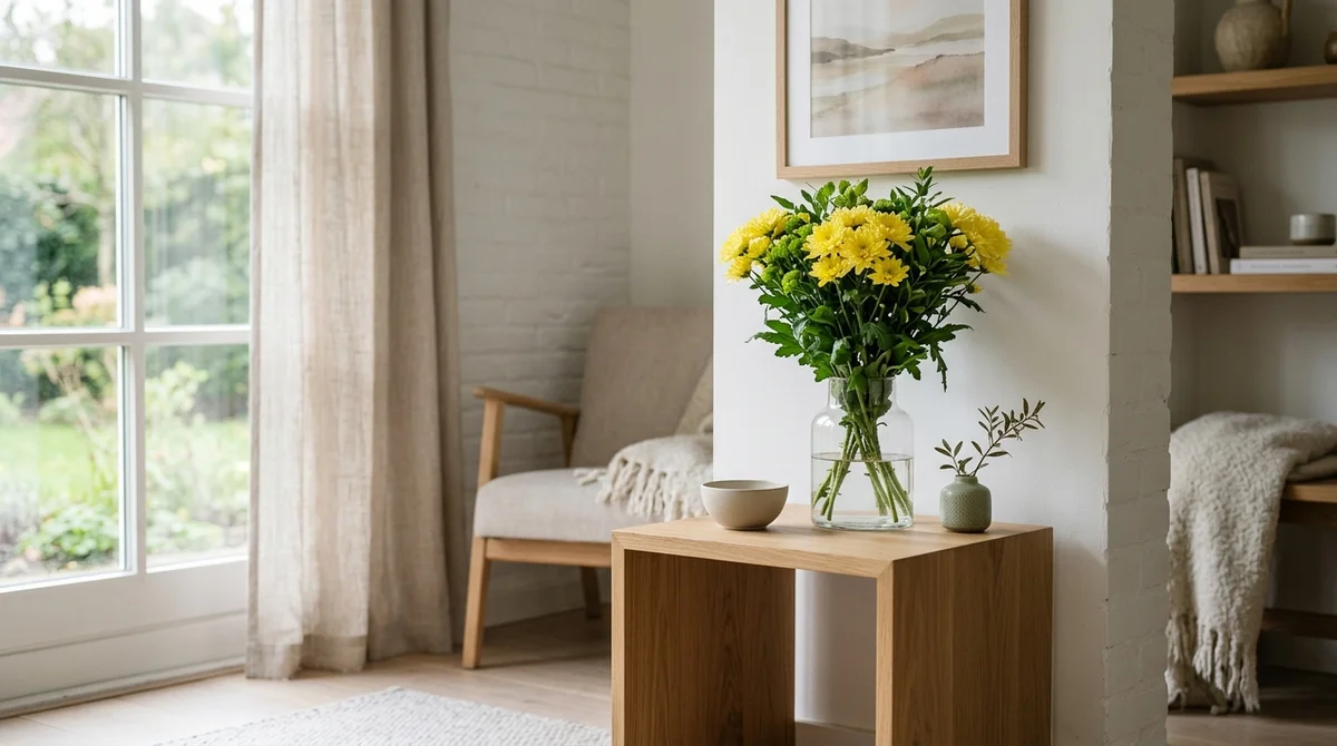 Bolchrysant met dichte oranje en gele bloemen in een herfstboeket, op tafel buiten bereik van een kat