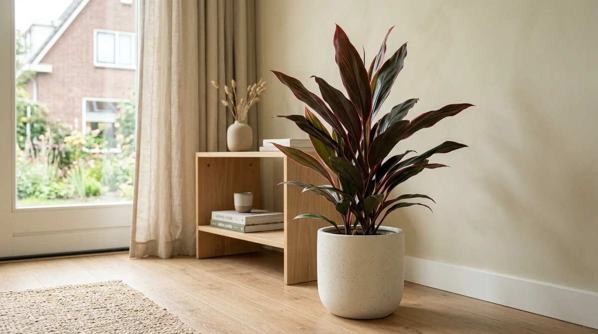 Cordyline fruticosa met smalle bordeauxrode bladeren in een lichte woonkamer