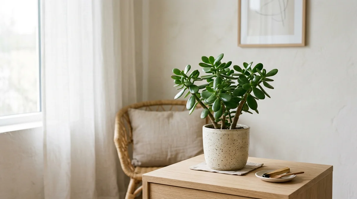 Crassula ovata (jadeplant, geldboom) met dikke ovale glansbladeren op een houtig stammetje, op een vensterbank op afstand van huisdieren