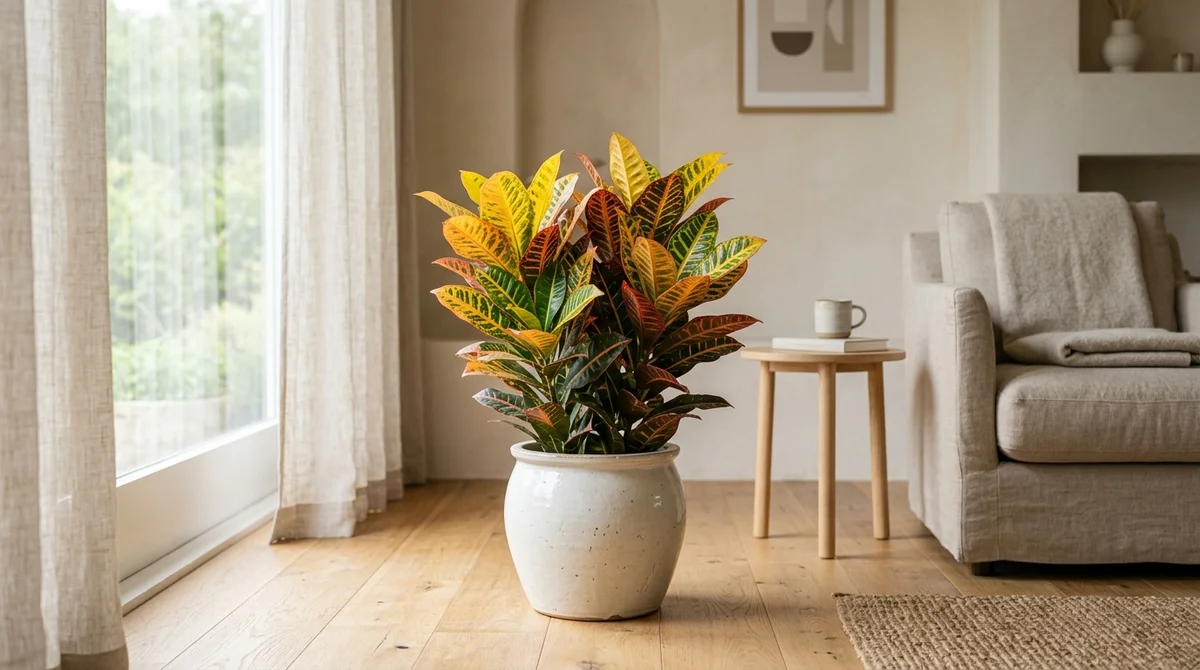 Croton (Codiaeum variegatum) met glanzende bladeren in geel, oranje, rood en groen in een cremekleurige pot