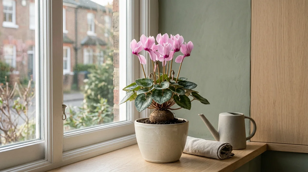 Bloeiende roze cyclaam (Cyclamen persicum) met vlinderachtige bloemen boven hartvormig blad in een cremekleurige pot